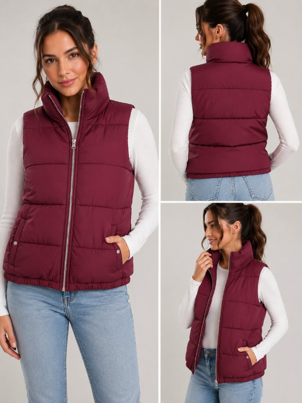 Old Navy Burgundy Quilted Puffer Vest Fleece Lined Zip Front XS